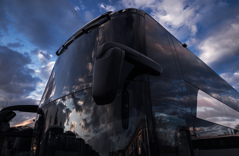 International Coach Bus Travel Industry Vehicle. Modern Luxury Long Haul Bus. Transportation Theme.